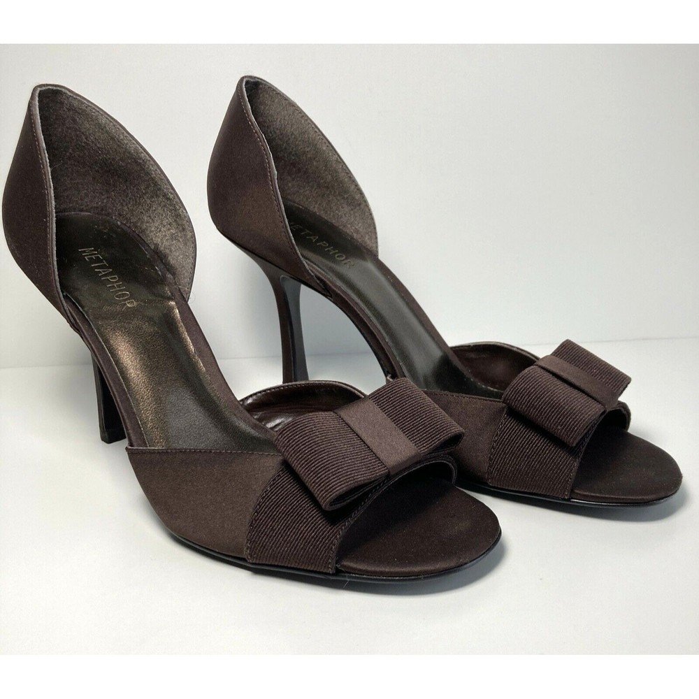 Womens Satin Brown Size  7.5 M Pin Up Peep Toe  Bow  Leather Sole High H…